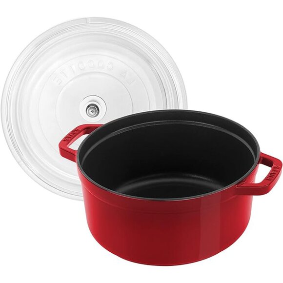 Staub NWT Cast Iron Dutch Oven 4-qt Round Cocotte with Glass Lid, Cherry - Picture 2 of 3